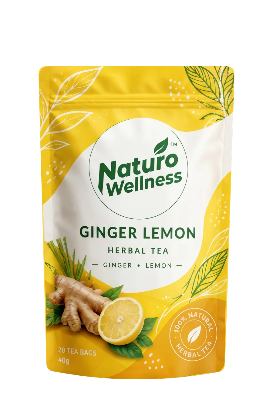 Ginger Lemon Herbal Tea pouch with its Naturo Wellness label