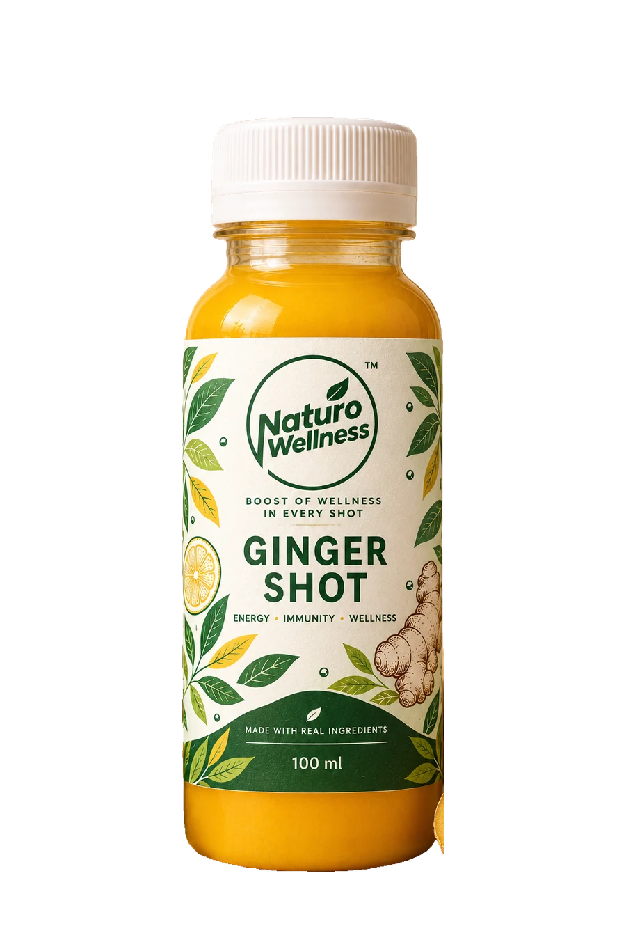 Ginger Shot bottle with its Naturo Wellness label