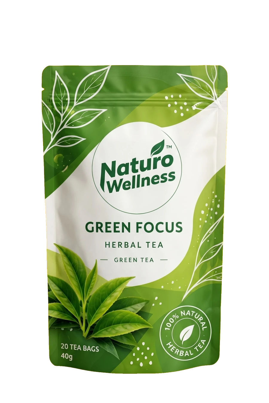 Green Focus Herbal Tea pouch with its Naturo Wellness label