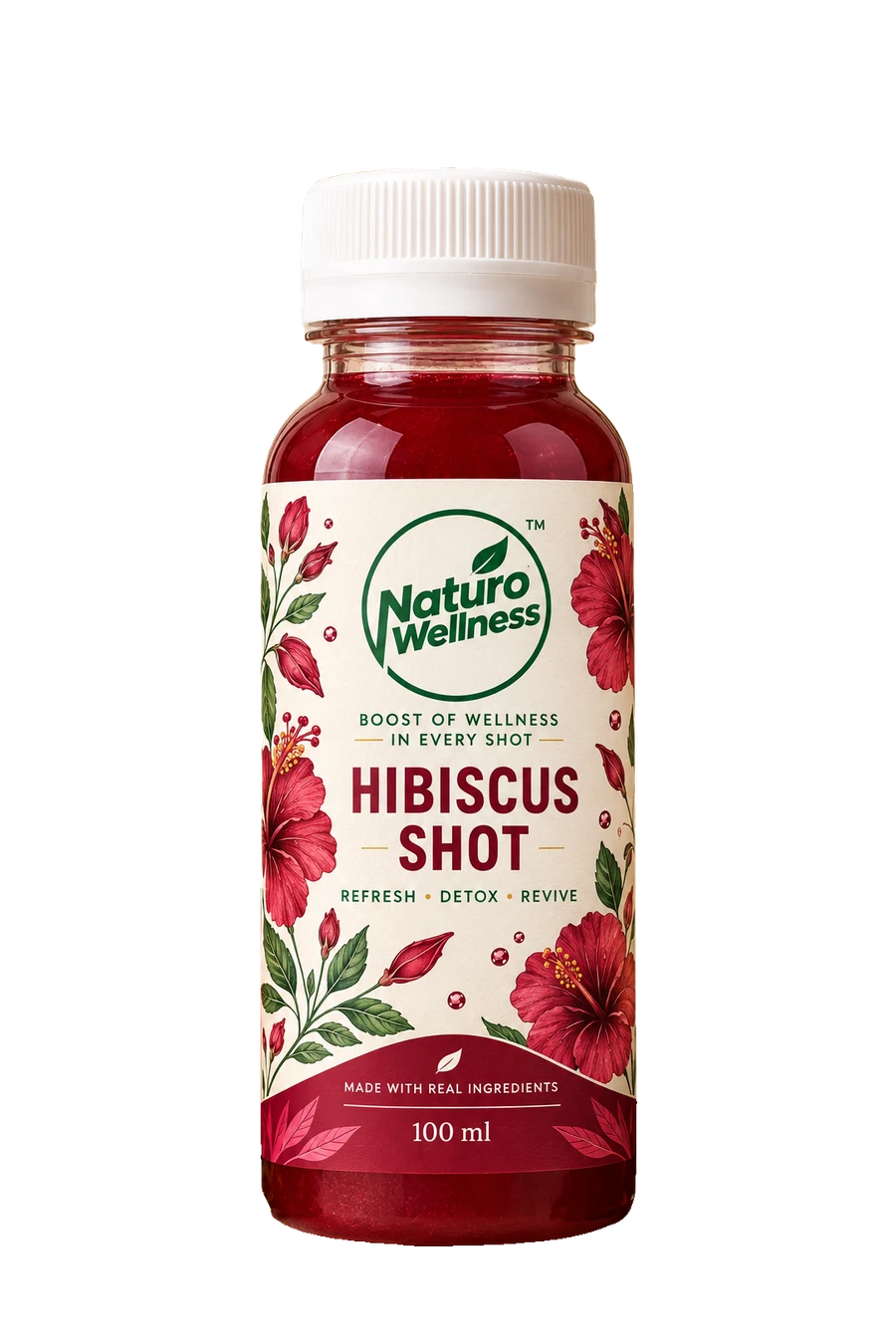 Hibiscus Shot bottle with its Naturo Wellness label