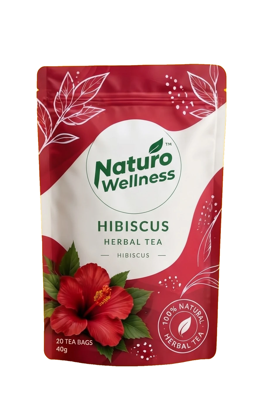 Hibiscus Herbal Tea pouch with its Naturo Wellness label