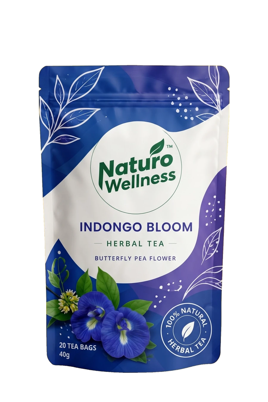 Indongo Bloom Herbal Tea pouch with its Naturo Wellness label