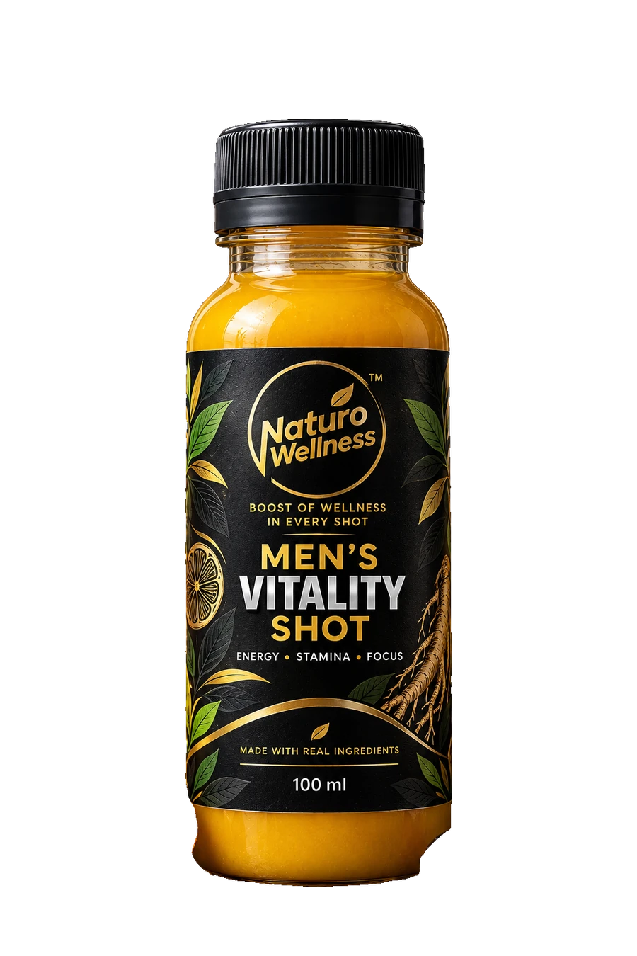 Men’s Vitality Shot bottle with its Naturo Wellness label