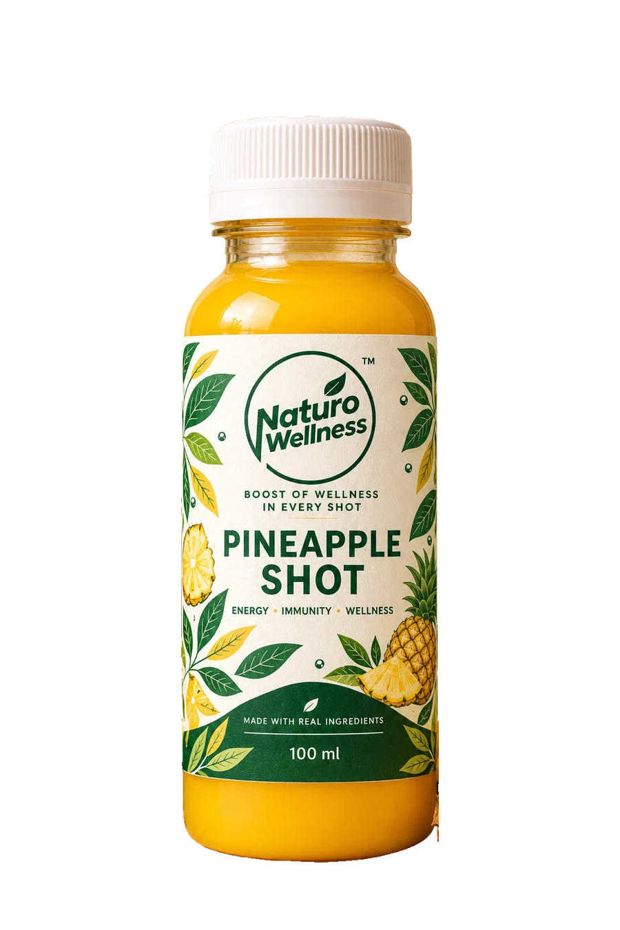Pineapple Shot bottle with its Naturo Wellness label