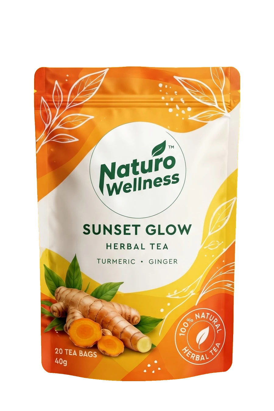 Sunset Glow Herbal Tea pouch with its Naturo Wellness label